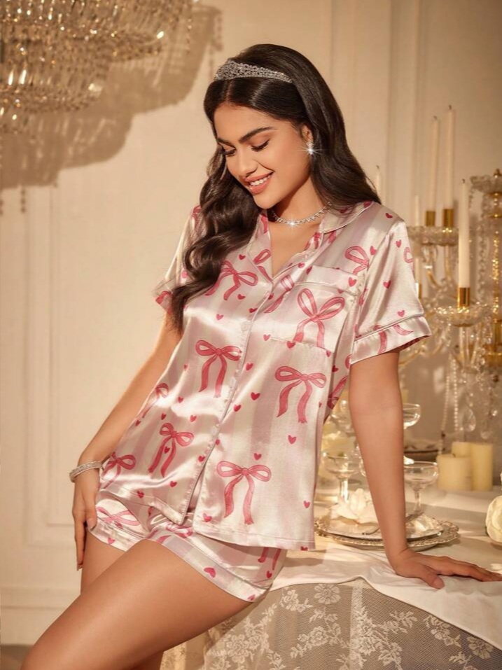LuxeNights 2pcs Womens Bow Print Pocket Short Sleeve Top And Shorts Set, Spring/Summer